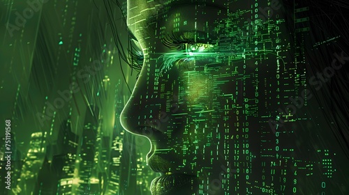 Green Eyes Peering into a Futuristic Green City of Technology
