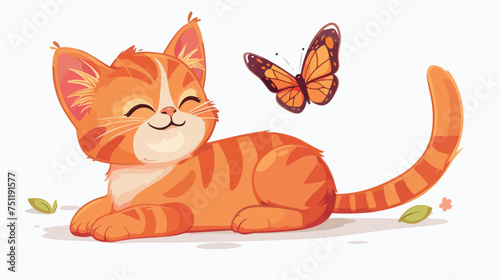 Fototapeta Naklejka Na Ścianę i Meble -  Cute Happy Cat and Butterfly