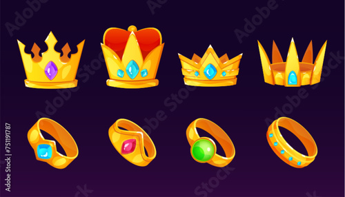 Gold king and queen crown and ring with gemstones and red pillow. Cartoon vector illustration set of medieval precious royal jewelry. Game ui icons of golden treasure and ancient kingdom inventory.