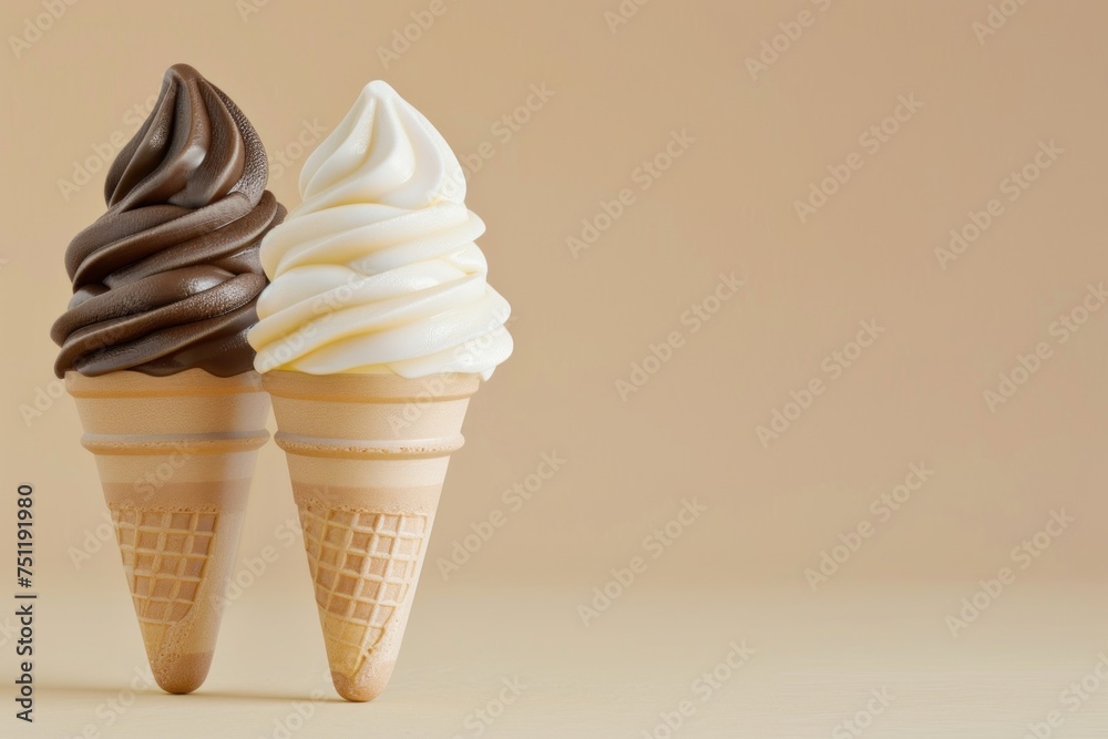 Two soft serve ice cream cones, one chocolate and one vanilla, against a beige background. Place for text Two soft serve ice cream cones, one chocolate and one vanilla, against a beige background. Place for text