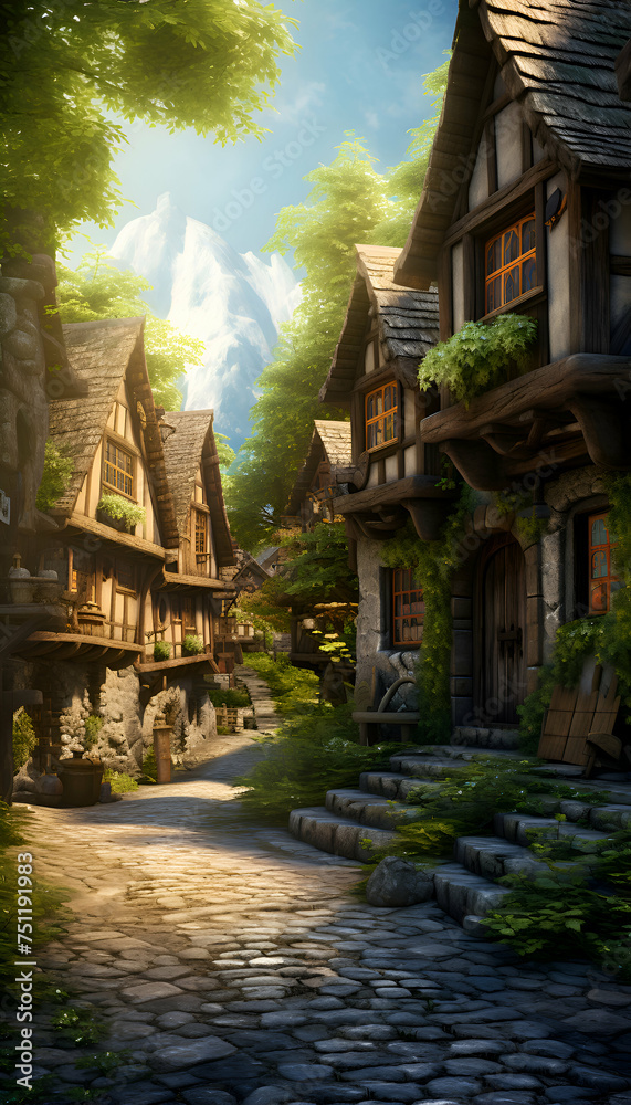 Fantasy scene with old wooden houses in a fairy tale style.