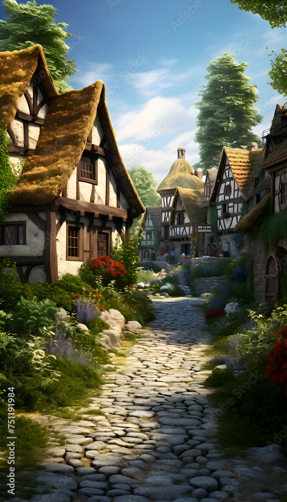 3D rendering of a fantasy fairytale village with wooden houses