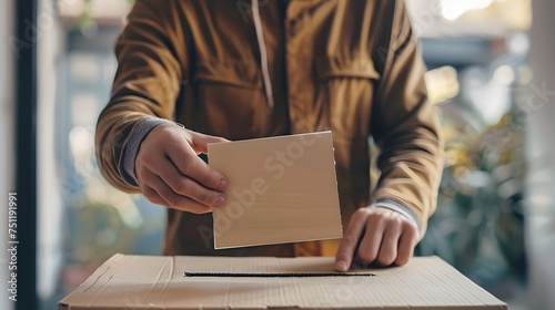Man Casting Vote into Wood Grain Cardboard Box photo