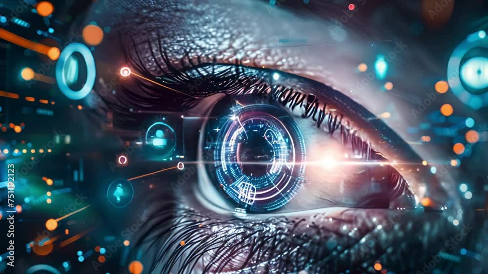 An Augmented Reality heads up display creating patterns and icons in front of a macro close up of a human eyeball