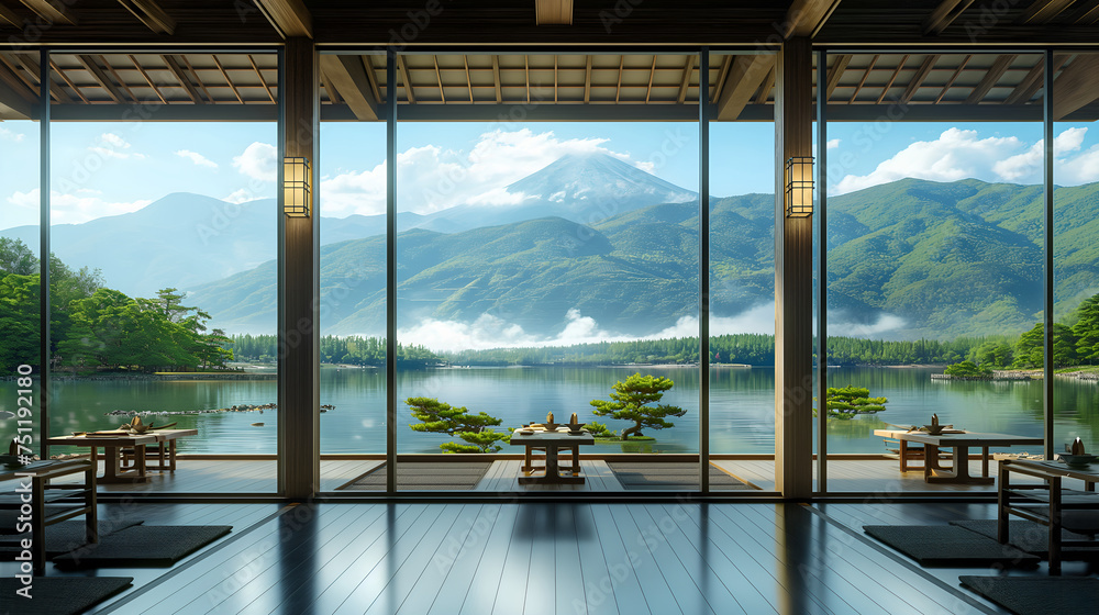 Japanese Style Restaurant Interior Overlooking Serene Lake and Majestic Mountains