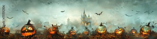 Halloween Nightmares A Spooky Scene with Pumpkins and Bats Generative AI