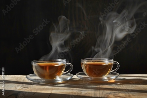 Two cups of hot tea with steam on a wooden table against a dark background.