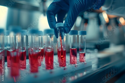 Medical Professional Handling Red Vials in Laboratory