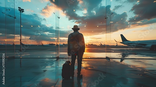 Man with Suitcase at Sunset Airport in Y2K Style