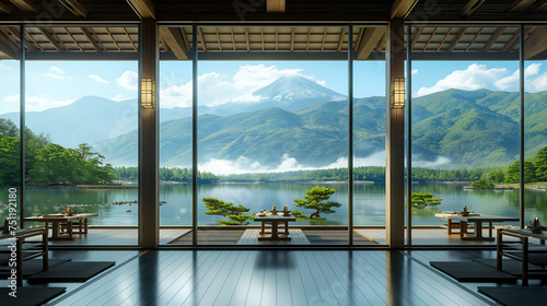 Japanese Style Restaurant Interior Overlooking Serene Lake and Majestic Mountains © Phrygian