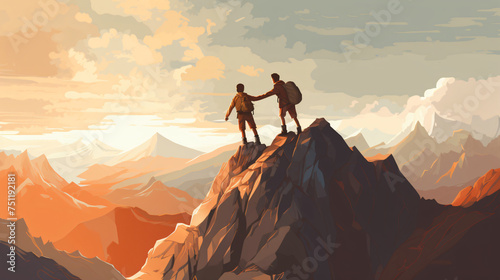 Illustration of Hiker helping friend reach the mountan
