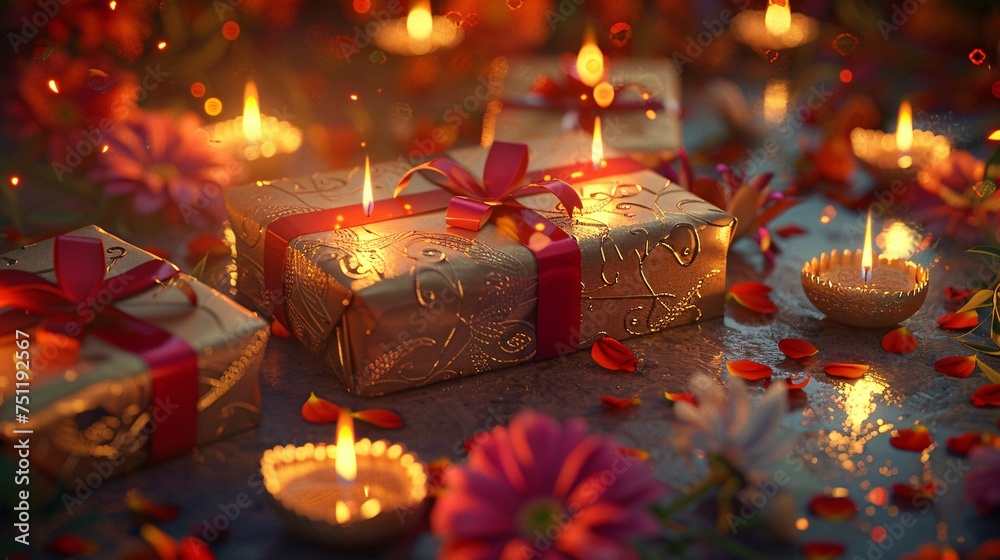 Golden Gift Boxes with Lit Candles and Roses for a Romantic Valentine's Night Generative AI