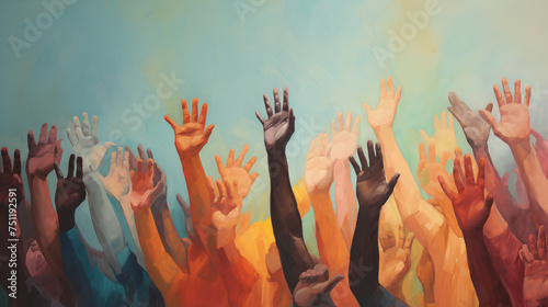 Hands rise up on blue background, volunteer, donation, photo shoot