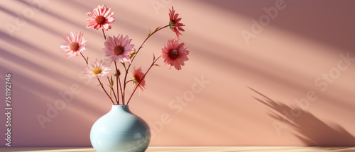minimalist empty wooden table features blooming daisy flowers in a white ceramic vase on a warm light beige background created with Generative AI Technology