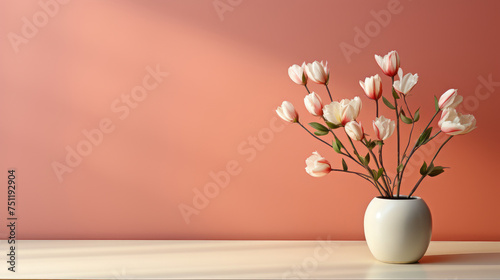minimalist empty wooden table features blooming tulips flowers in a white ceramic vase on a warm light beige background created with Generative AI Technology