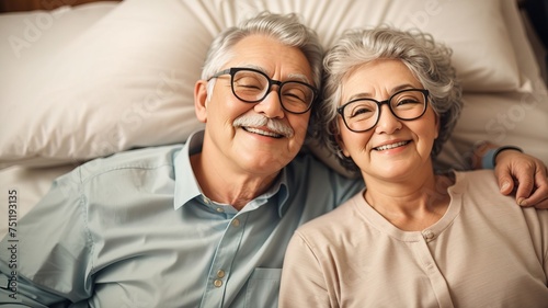 Happy senior couple in glasses lying on the bed