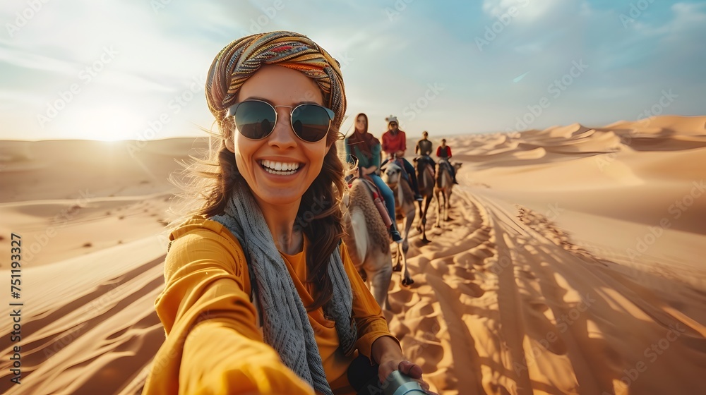 Women Taking Selfie on Camels in the Desert - obrazy, fototapety, plakaty 