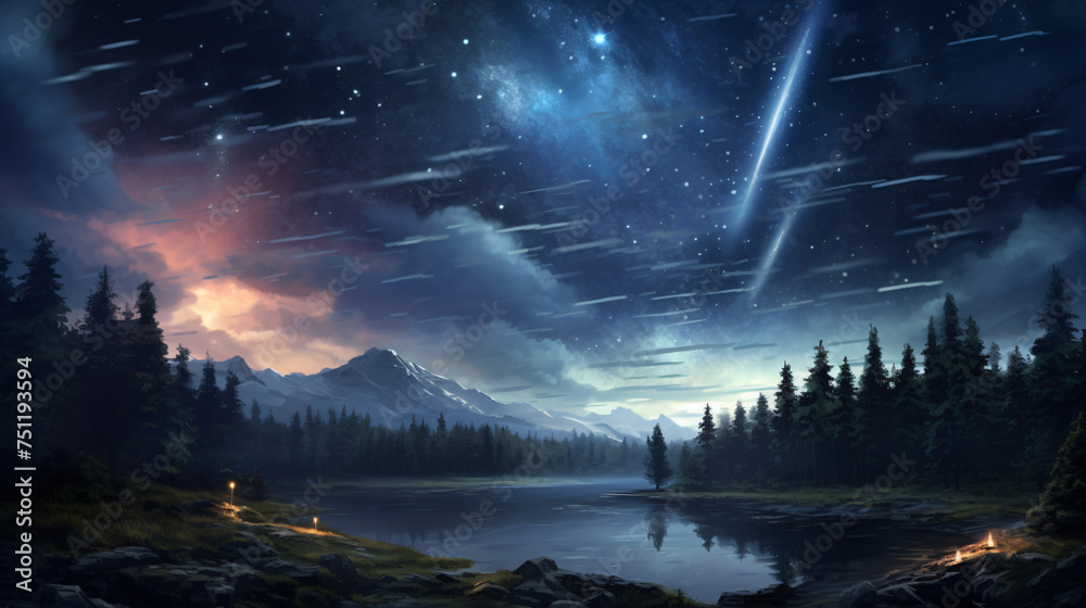 Landscape meteor shower in the starry sky - obrazy, fototapety, plakaty 
