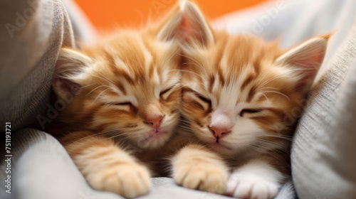 cute pose of two kittens sleeping together comfortably