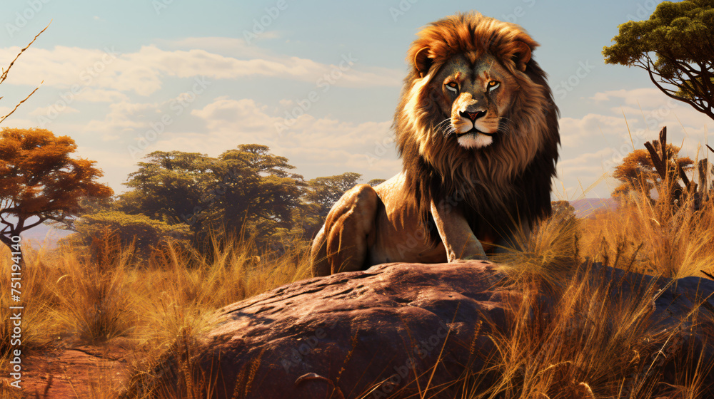 Lion in the savanna african wildlife landscape.
