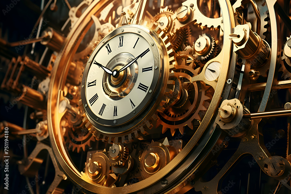 Closeup of clock mechanism with golden gears. Time concept. 3D Rendering