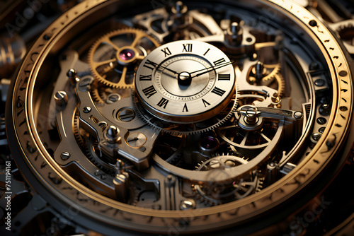 Clock on the mechanism of the old watch. 3D illustration.