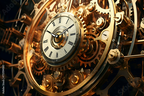 Closeup of clock mechanism with golden gears. Time concept. 3D Rendering