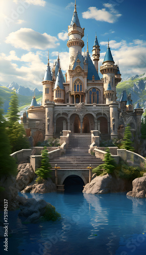Fairytale castle in the mountains. Fantasy landscape. 3D rendering