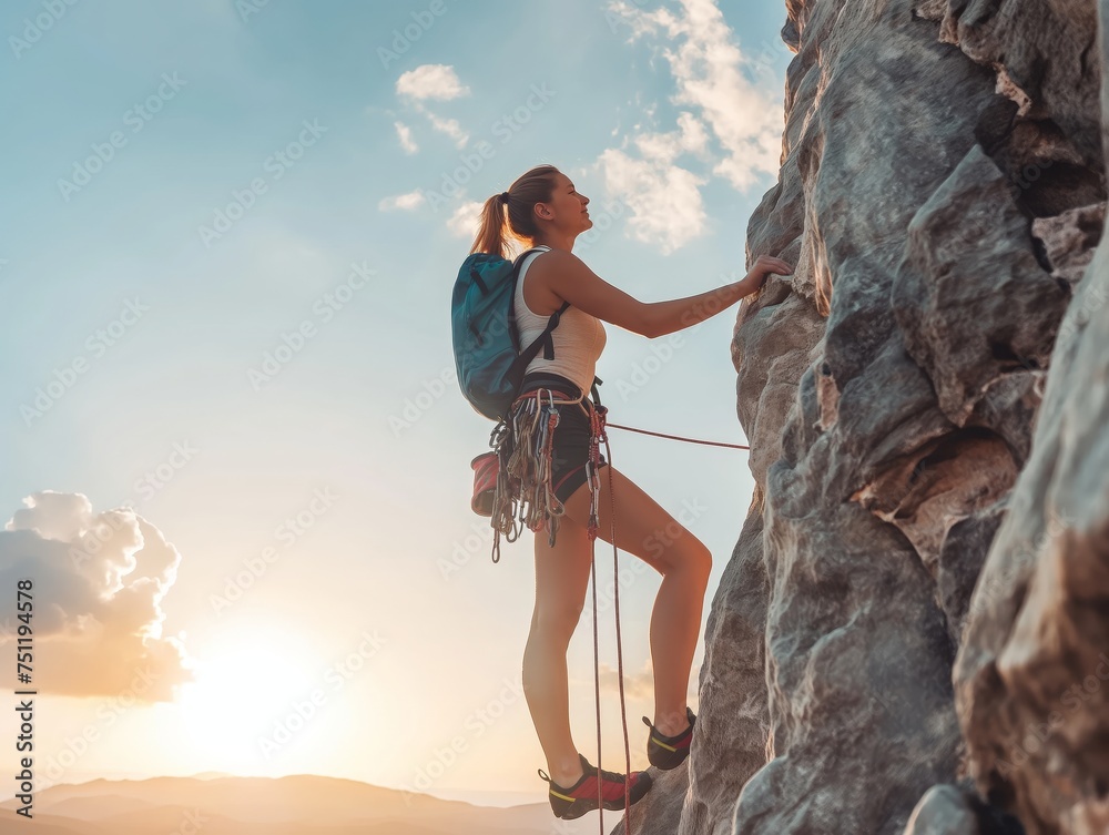 A determined woman rock climbs a rugged mountain, symbolizing challenge, strength, and outdoor adventure