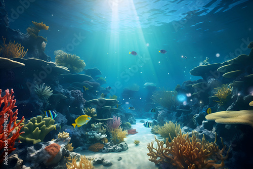 Underwater scene with coral reef and tropical fish. 3d render © Wazir Design