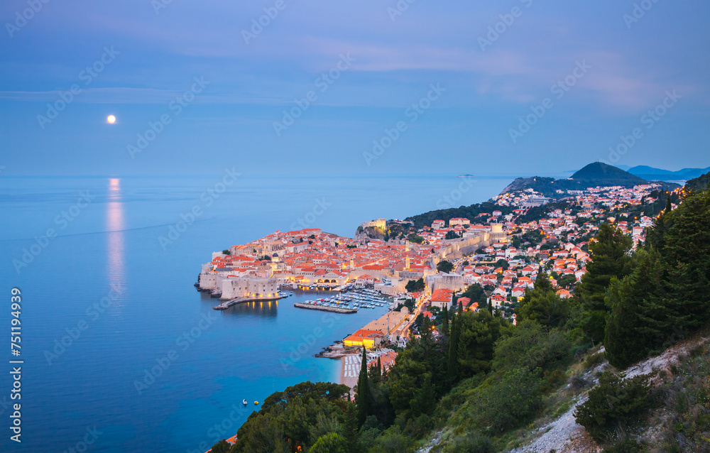 European city of Dubrovnik in the evening lights. Croatia, South Dalmatia, Europe.