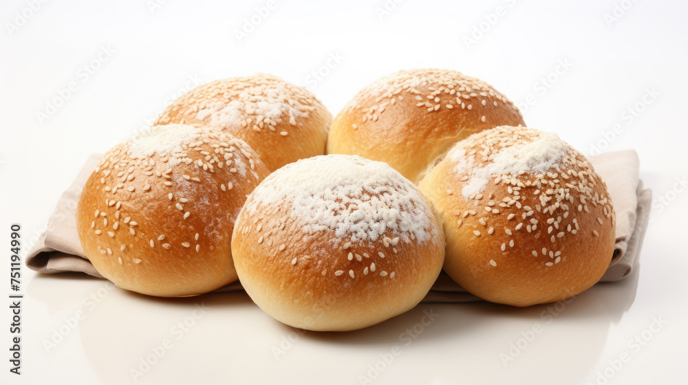 Homemade fresh brown wheat breads with sesame on a wooden white table Homemade fresh brown wheat breads with sesame on a wooden white table