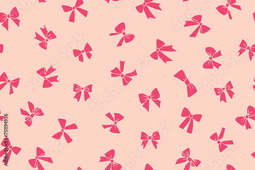 Seamless pattern of pink gift bows, ribbons in doodle style, hand drawn. Pink ribbon for fashion textile or wallpaper background. Vector illustration