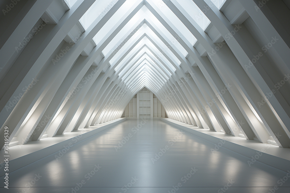 Building and architecture design concept. Architecture building minimalist and surreal design bright background with copy space. Bright corridor with many columns or roof beams - obrazy, fototapety, plakaty 