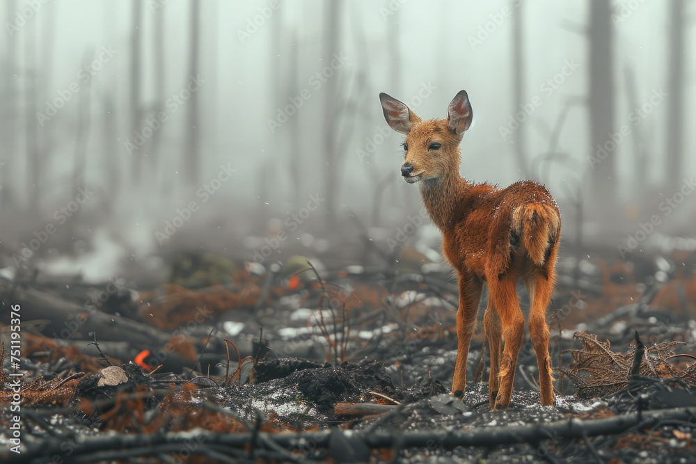 Heartbreaking scene of a solitary animal amidst devastation, looking