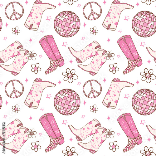 Disco Cowgirl boots Seamless Pattern Groovy Repeating Background Vibes isolated on background.