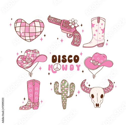 Disco Cowgirl element set doodle hand drawing illustration, trendy retro groovy vibes disco era.