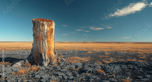 Stark image of a lone tree stump in barren landscape, clear sky overhead, ideal for themes of nature's fragility and endurance.