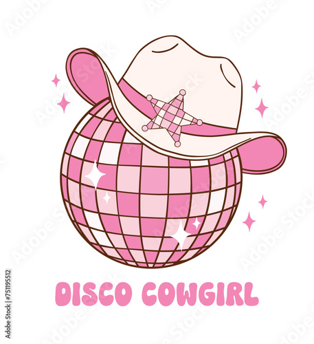 Pink Disco ball Cowgirl hat illustration, trendy groovy vibes disco era.