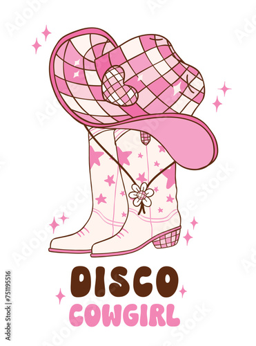 Pink Disco Cowgirl boots and hat illustration, trendy retro groovy vibes disco era.
