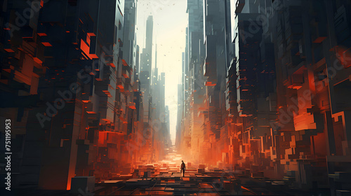 Man walking in a futuristic city. 3d rendering toned image