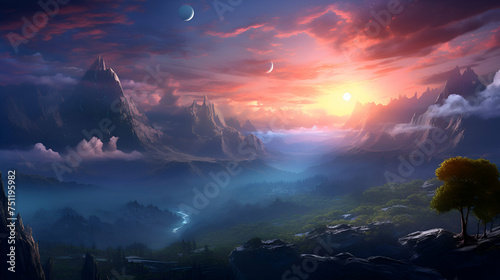 Fantasy alien planet. Mountain and lake. 3D illustration.