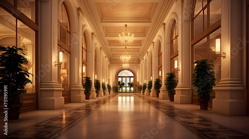 Luxury hotel interior 3d render illustration. Luxury hotel lobby with columns and arches.