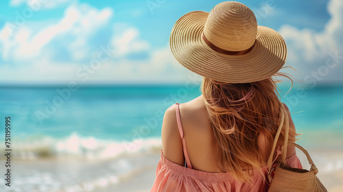 Beautiful woman wearing pink beach clothes and a straw hat with Bag walking on the beach at the sea