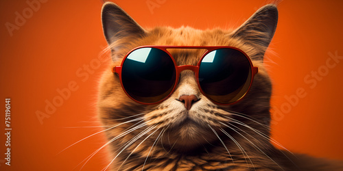 funny cat portrait in sunglasses Cute Funny cat in stylish sunglasses realistic isolated yellow background Funny Cat Face with funky glasses Poster 