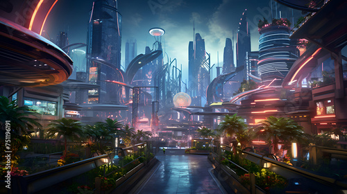 Futuristic city with skyscrapers and neon lights at night