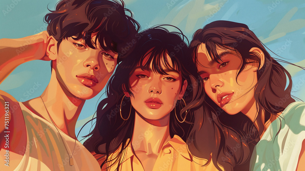 portrait of two girls and a boy. generation tiktok