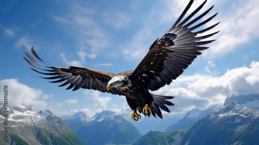 Obraz premium The Flying Bald Eagle flaps its majestic wings and soars high among the views of high mountains and clouds in the clear blue sky