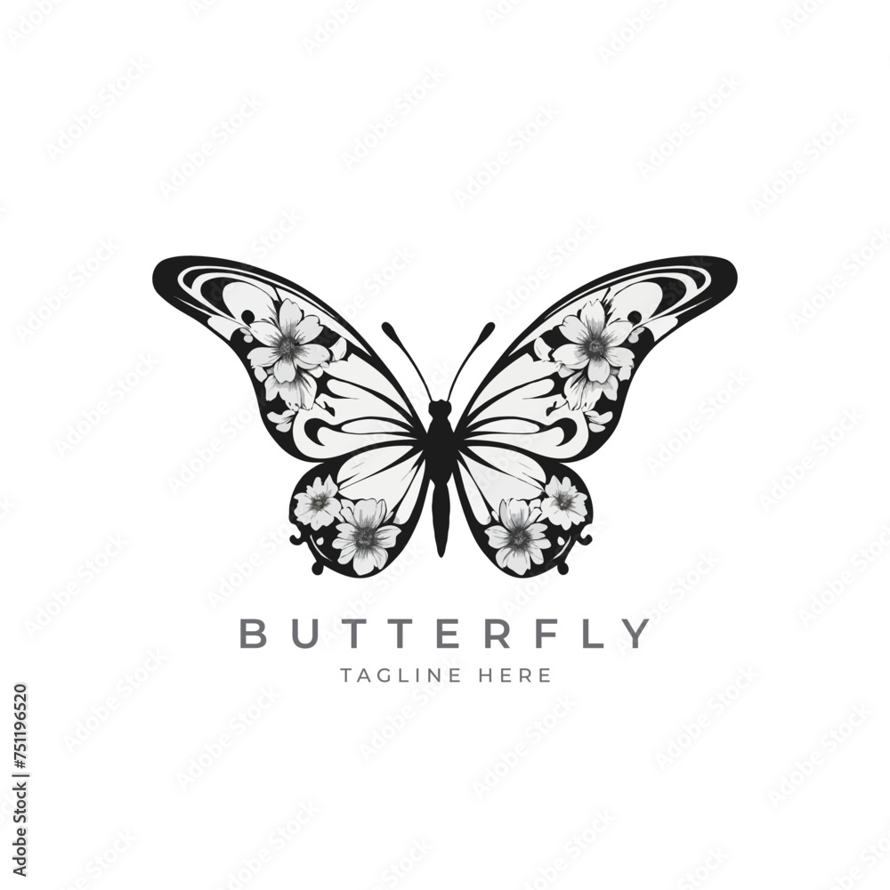 Black and white Floral butterfly, natural insect icon or logo. Vector illustration isolated on white background. Black and white Floral butterfly, natural insect icon or logo. Vector illustration isolated on white background.
