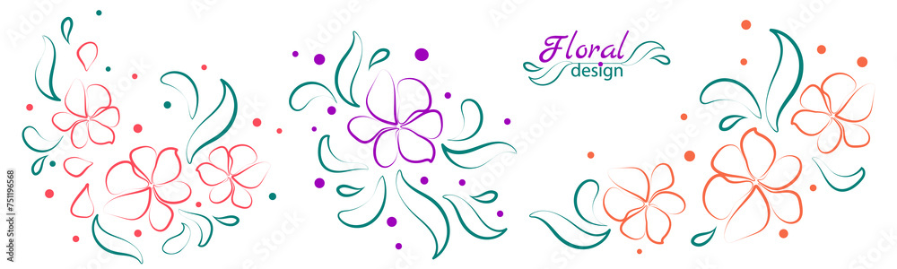 Set of colored flower arrangements with green leaves. Vector isolated one ine drawing on white background. Design of cards, albums, holidays, social networks, embroidery, applique, handicrafts Set of colored flower arrangements with green leaves. Vector isolated one ine drawing on white background. Design of cards, albums, holidays, social networks, embroidery, applique, handicrafts